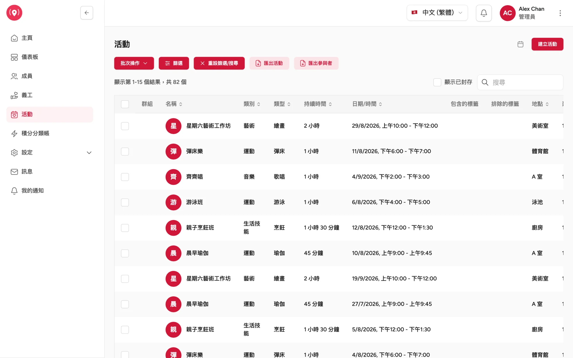 管理後台畫面：活動列表，顯示類別、類型及時間。