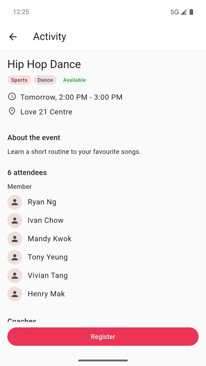 App screen: one activity with its time, place and attendees.