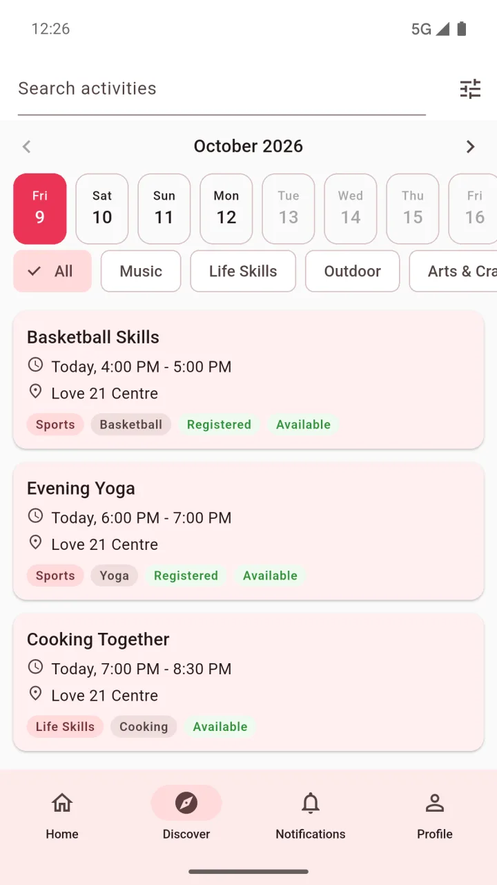 App screen: a week of activities, filtered by interest.