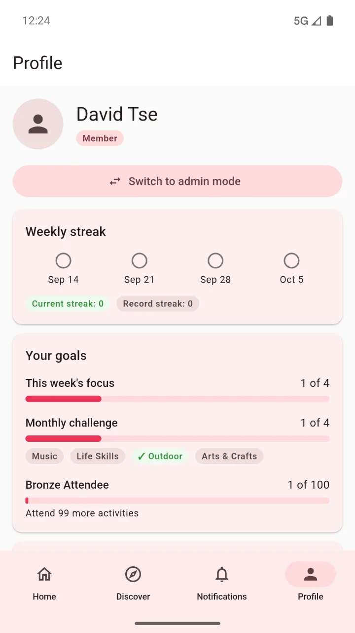 App screen: a profile with weekly streak and goals.